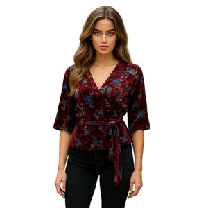 Moon River Wrap Top Women L Burgundy Red Floral Crushed Velvet Crop Romantic NEW